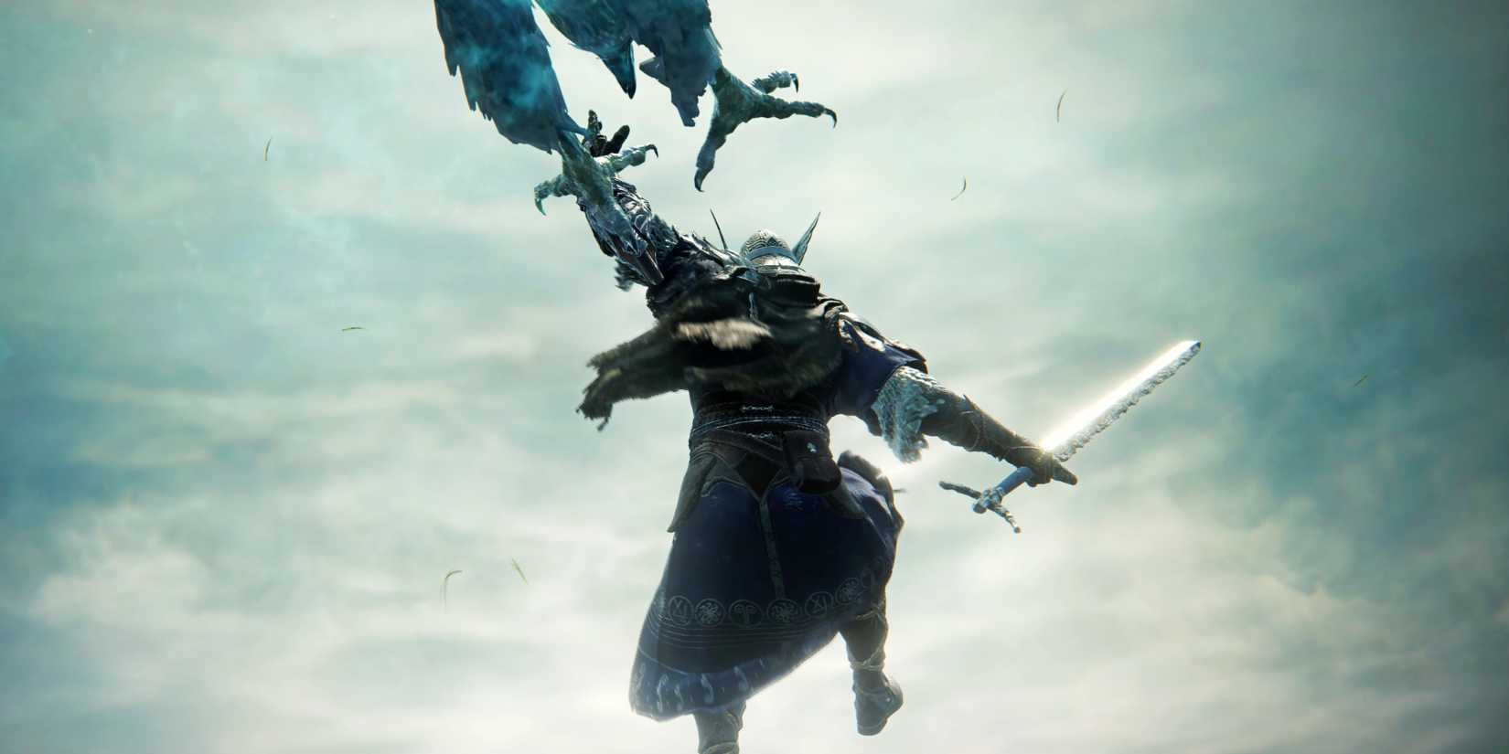 Wylder leaping and reaching for a spectral bird's talons in Elden Ring Nightreign.