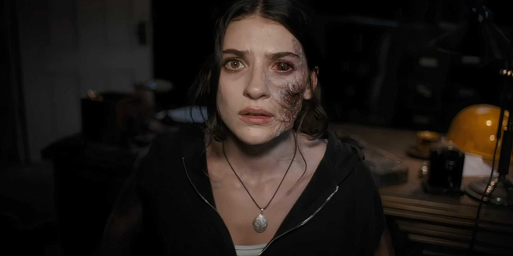 Ella Rubin's Clover looking worried while her face deteriorates from a parasite in Until Dawn