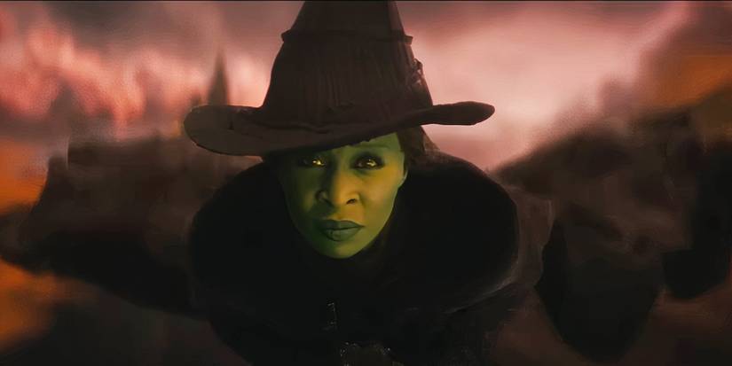 Cynthia Erivo as Elphaba Thropp flying away at the end of Wicked