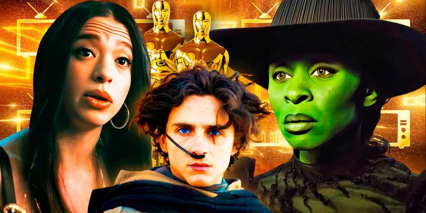 Elphaba from Wicked, Anora from Anora, and Paul from Dune against an Oscar and tv backdrop