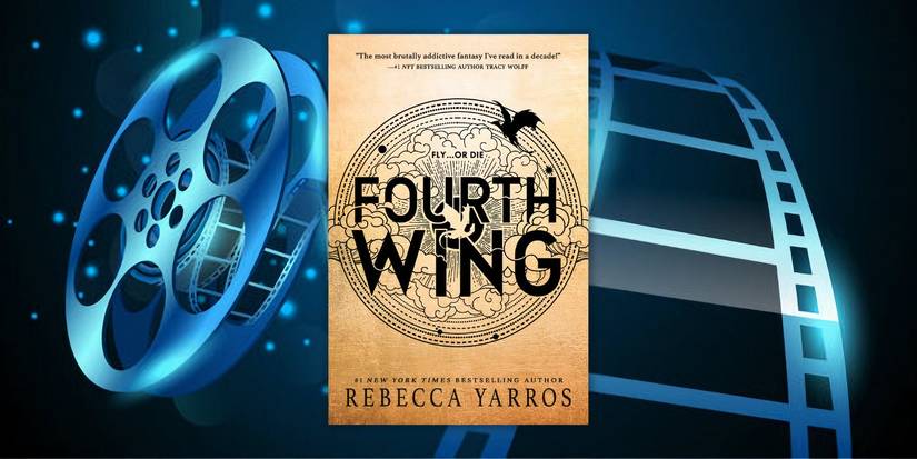 Fourth Wing book cover blue film reel background