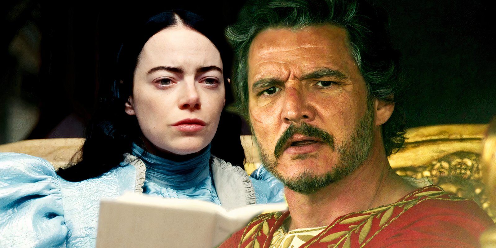 Emma Stone holding a book in Poor Things and Pedro Pascal looking stunned in Gladiator 2