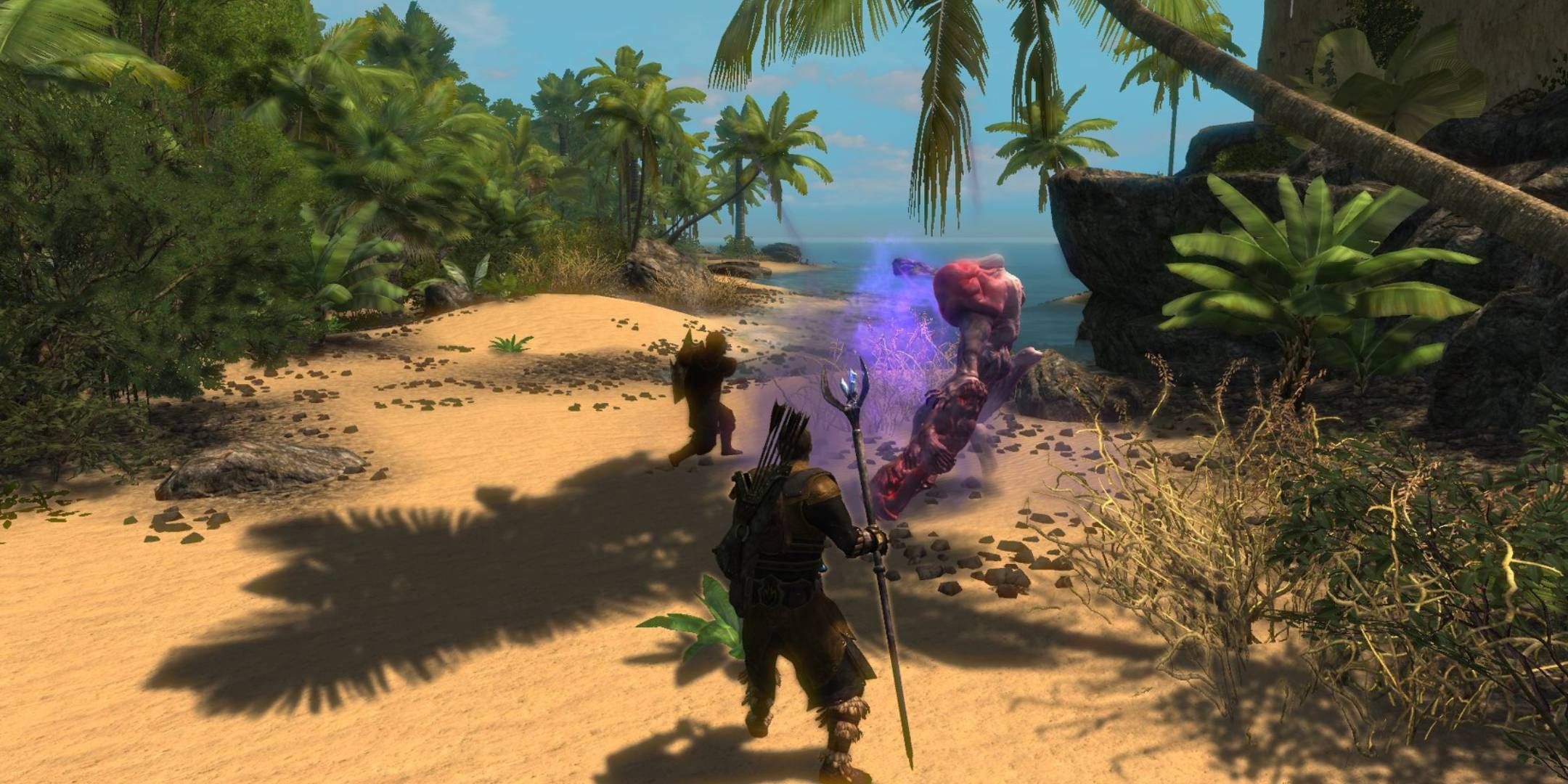 The player fighting enemies on a beach in Enderal.