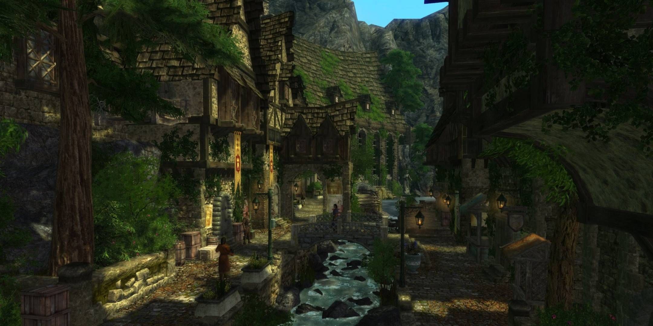 A lush village next to a river in Enderal.