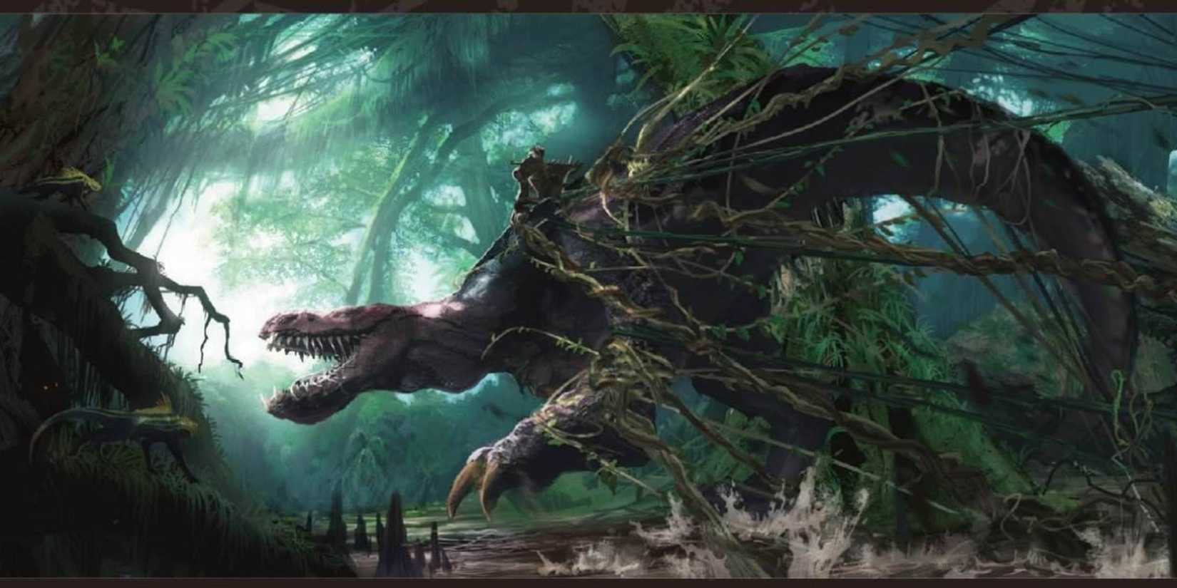 Anjanath being caught by vines in Monster Hunter World.