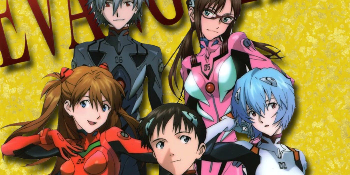 EVA pilots from the Rebuild films, featuring Kaworu, Mari, Asuka, Shinji, and Rei.