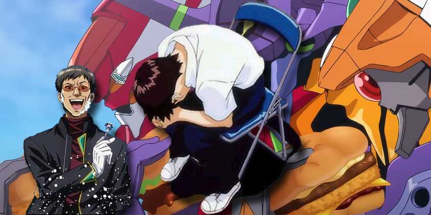 Shinji crying, surrounded by bizarre Evangelion ads.
