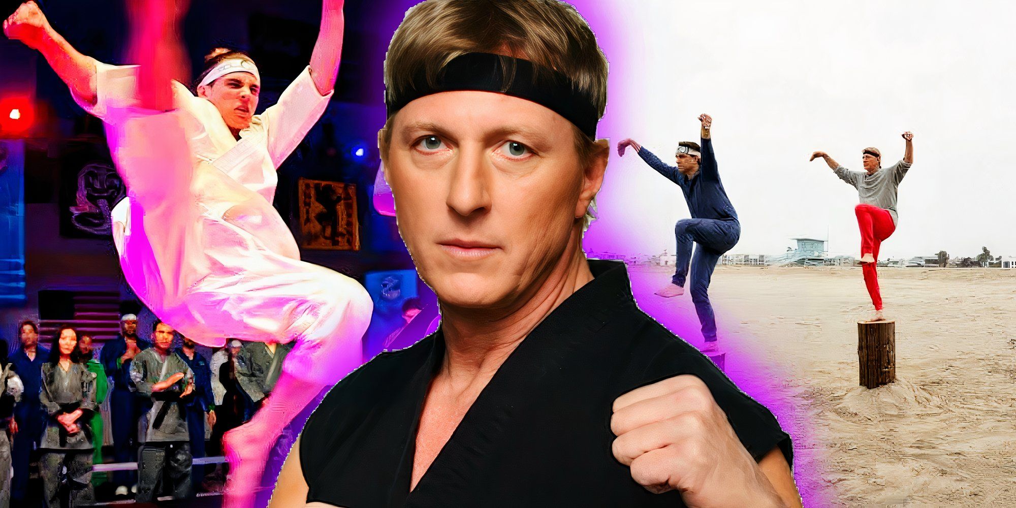 Tanner Buchanan as Robby Keene, William Zabka as Johnny Lawrence, and Ralph Macchio as Daniel Lawrence in Cobra Kai