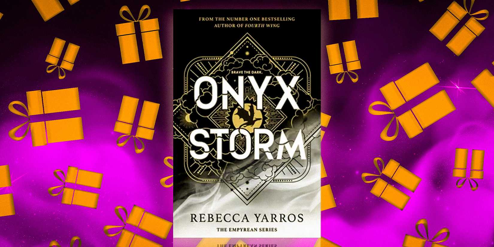 Onyx Storm by Rebecca Yarros with a purple background and orange gift icons surrounding it