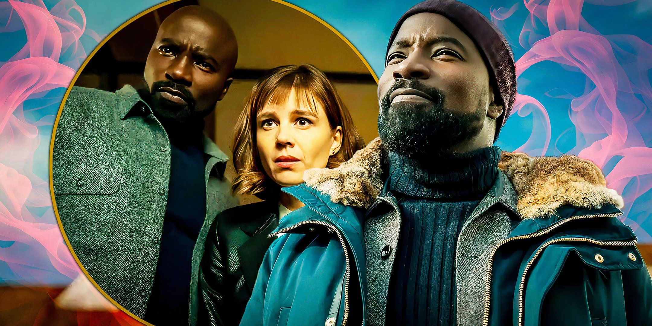 Kristen (Katja Herbers) and David (Mike Colter) in front of fire custom image