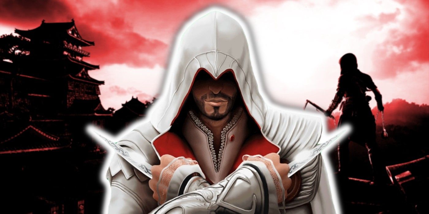 Ezio in front of a colorized and slightly blurred background of Assassin's Creed Shadows.