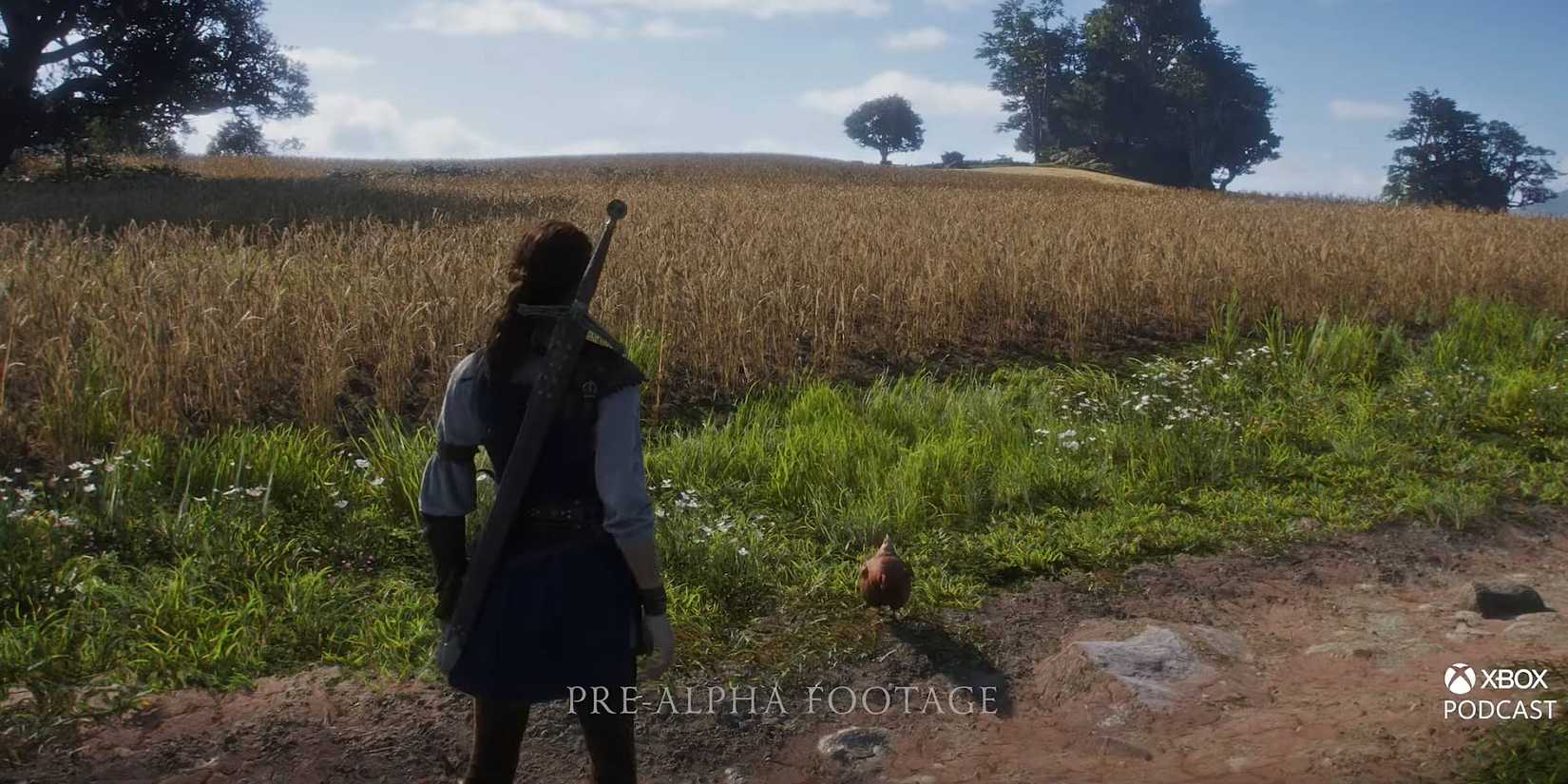 The protagonist of Fable standing next to a chicken and a wheat field.