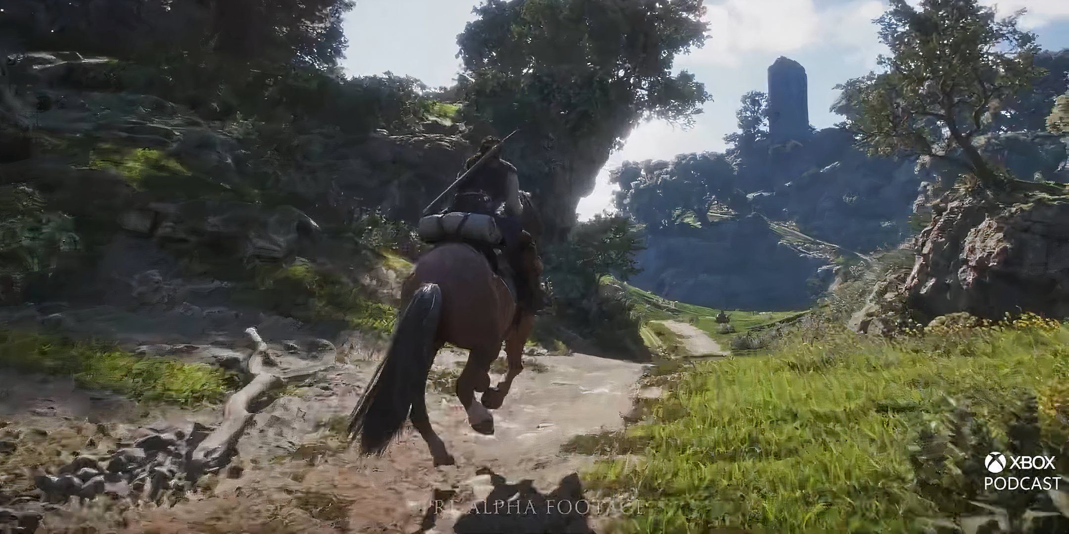 The protagonist riding a horse down a road in Fable.