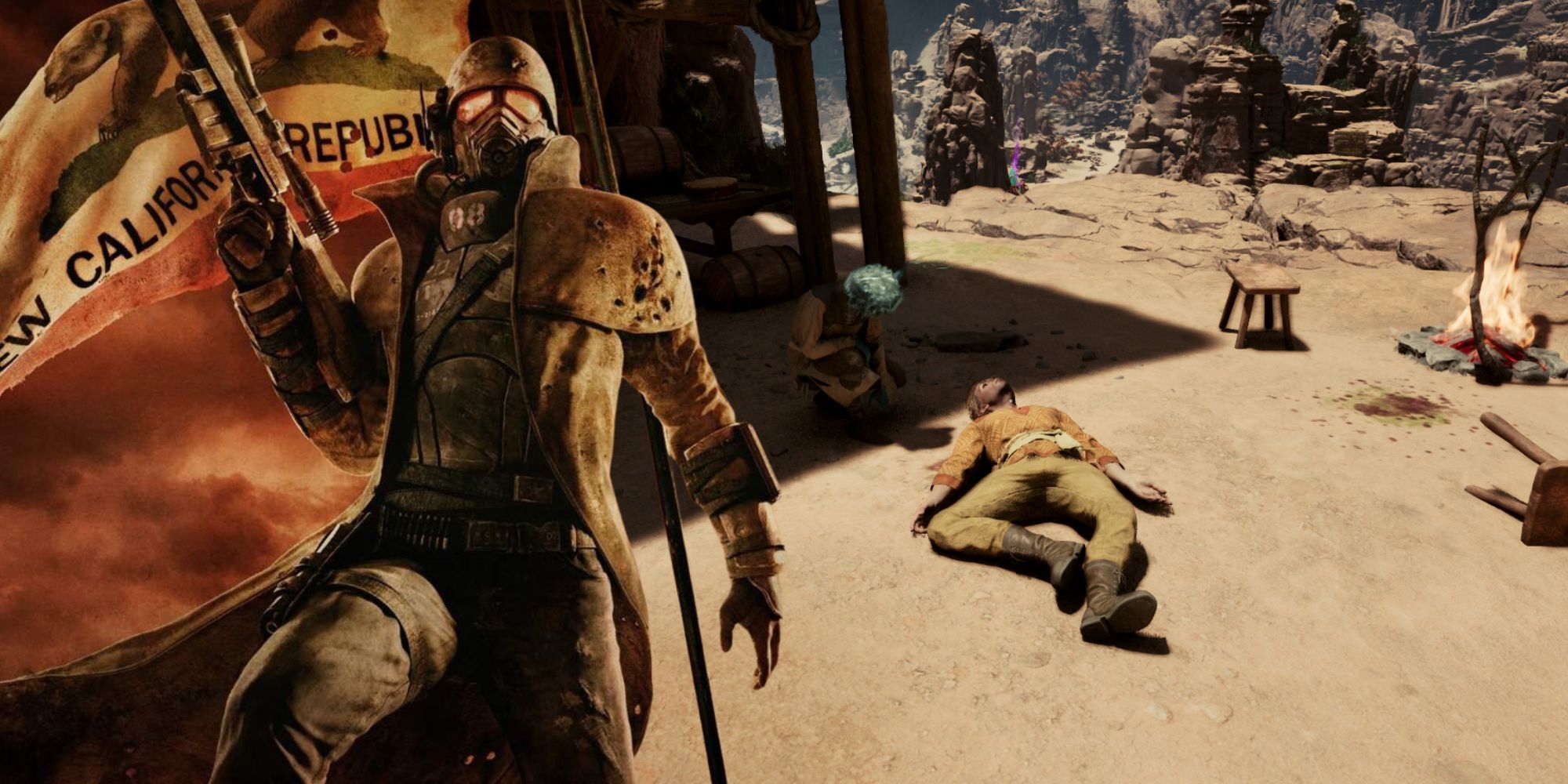 Fallout New Vegas' Courier next to an image of the dead courier in Avowed