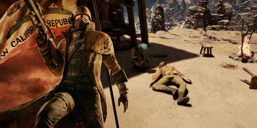Fallout New Vegas' Courier next to an image of the dead courier in Avowed