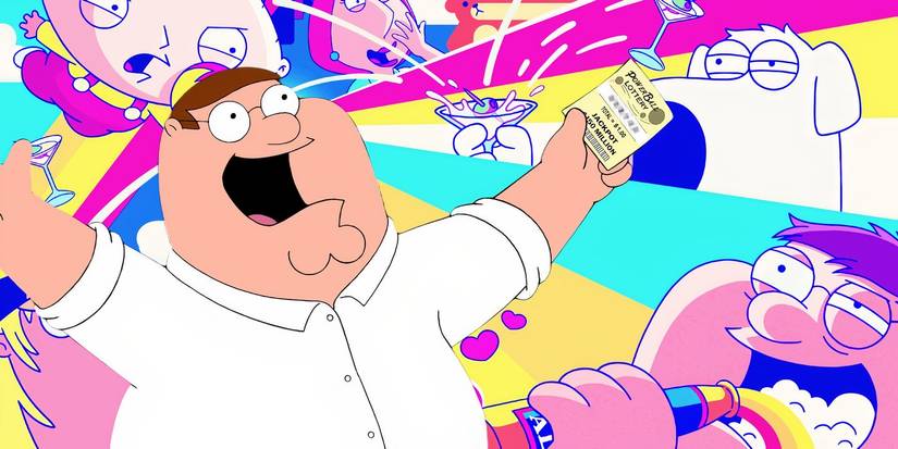 Peter exclaims with his arms wide in front of the cast in swirling colors from Family Guy