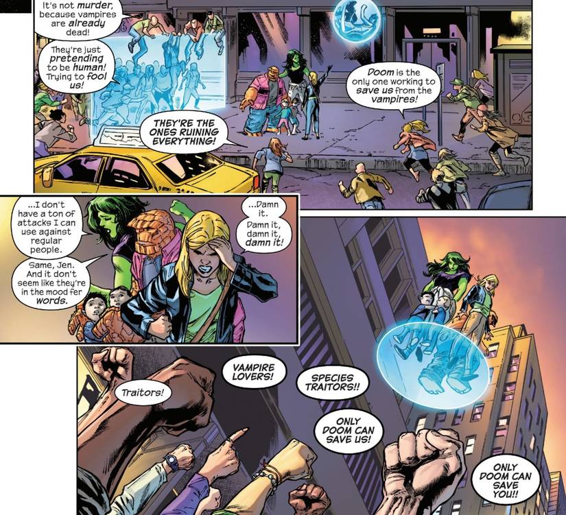 Fantastic Four #29 An angry mob chants that only Doom can save them as they chase off the Fantastic Four
