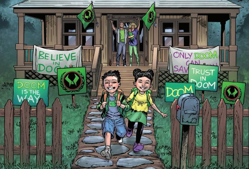 Fantastic Four #29 People hang up Latverian flags and signs that praise Doctor Doom