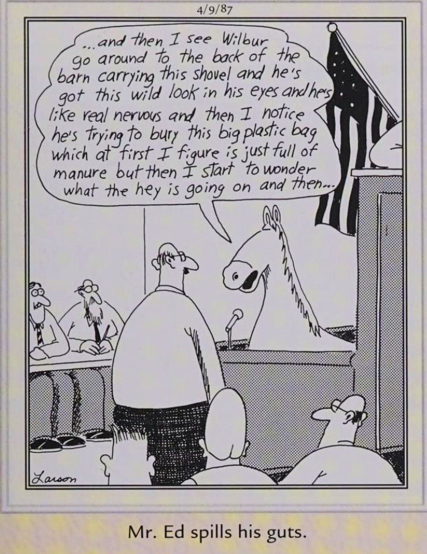 Far Side, April 9, 1987, Mr. Ed on the witness stand reveals incriminating evidence