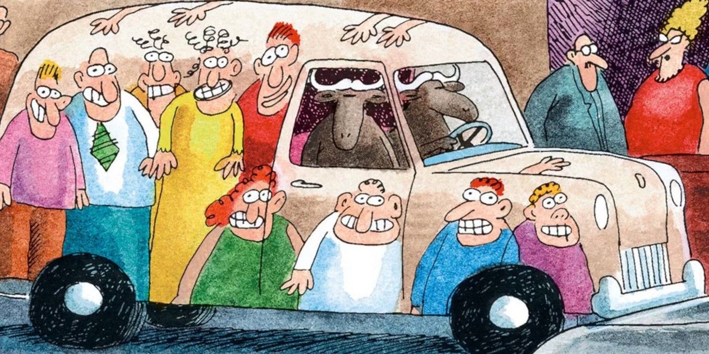 far side art of two buffalo in a car painted with human faces