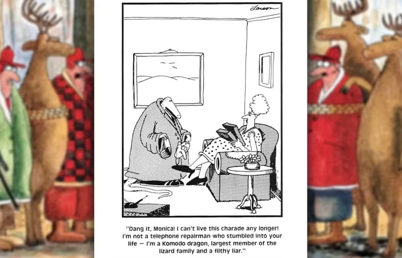 far side comic where a komodo dragon is disguised as a human 2