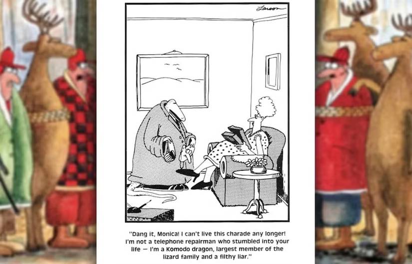 far side comic where a komodo dragon is disguised as a human 2
