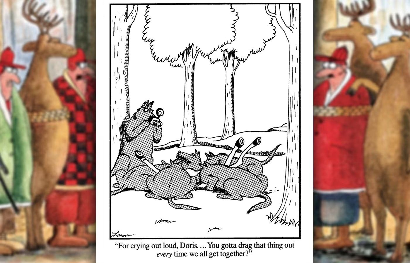 far side comic where wolves take photographs