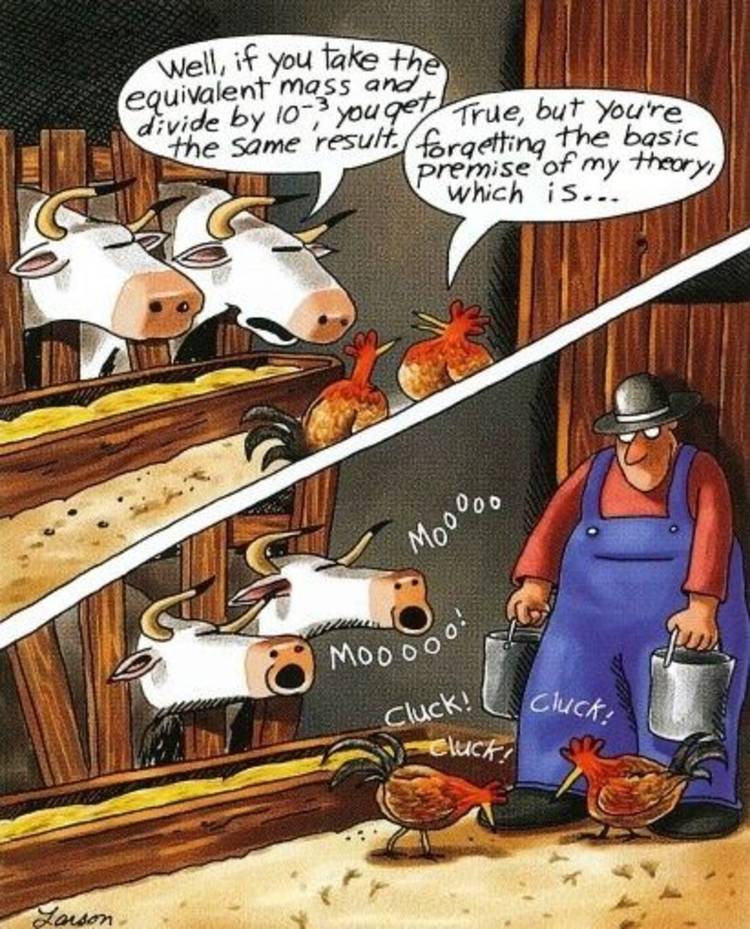 Far Side, farm animals discuss scientific formulas with each other but a farmer only hears animal sounds