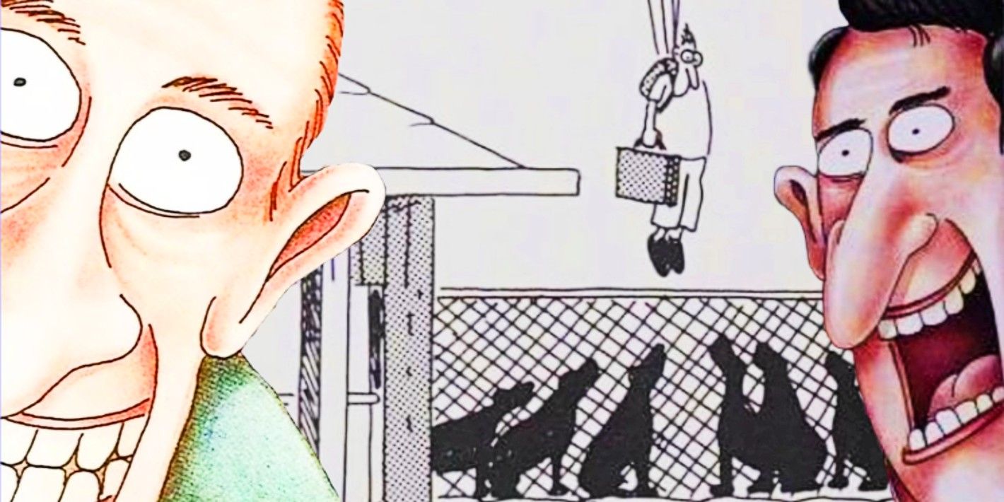 Far Side Feature Image, two men shouting (foreground) with a man parachuting into a dog cage (background)