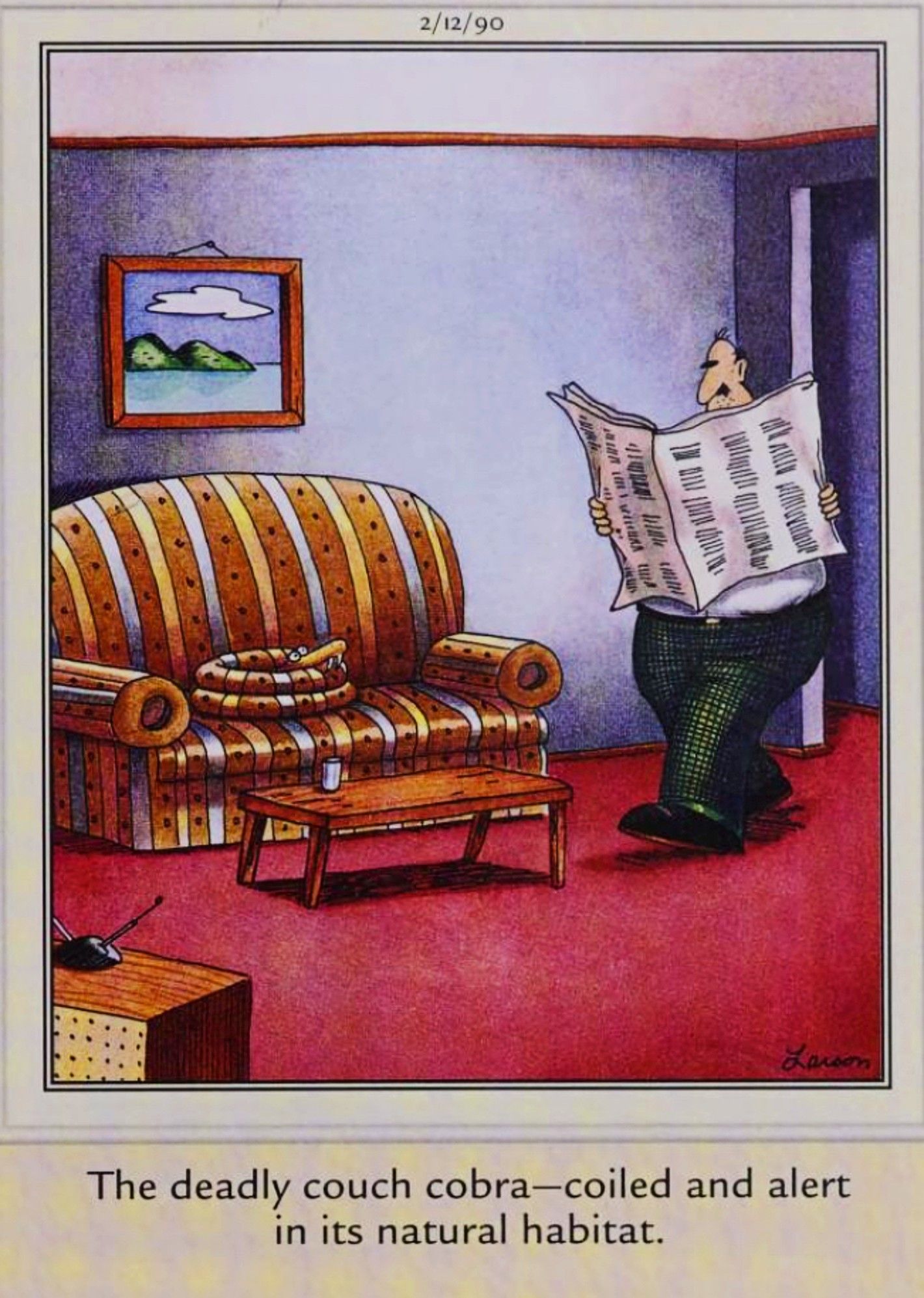 Far Side, February 12, 1990, a couch cobra waits to strike an unsuspecting homeowner