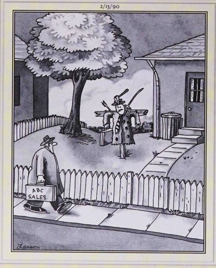Far Side, February 13, 1990, a traveling salesperson approaches a dangerous house