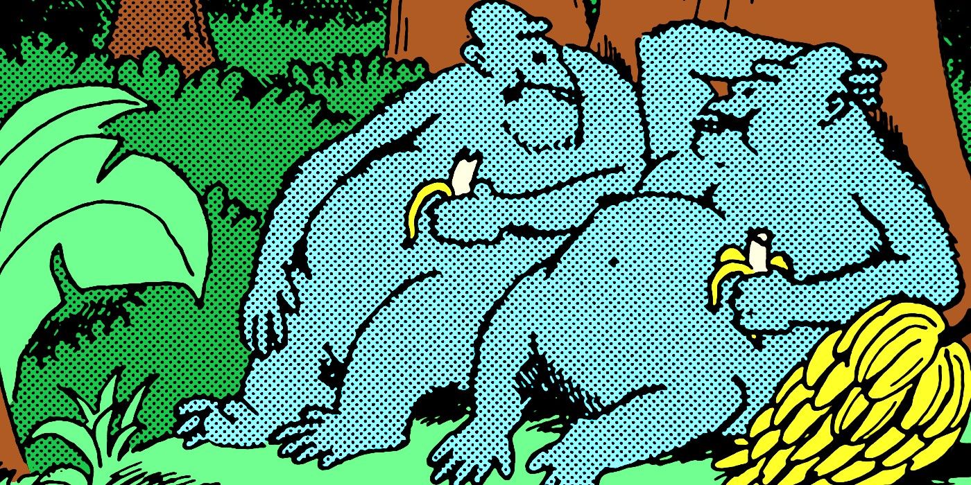 far side gorillas eating bananas