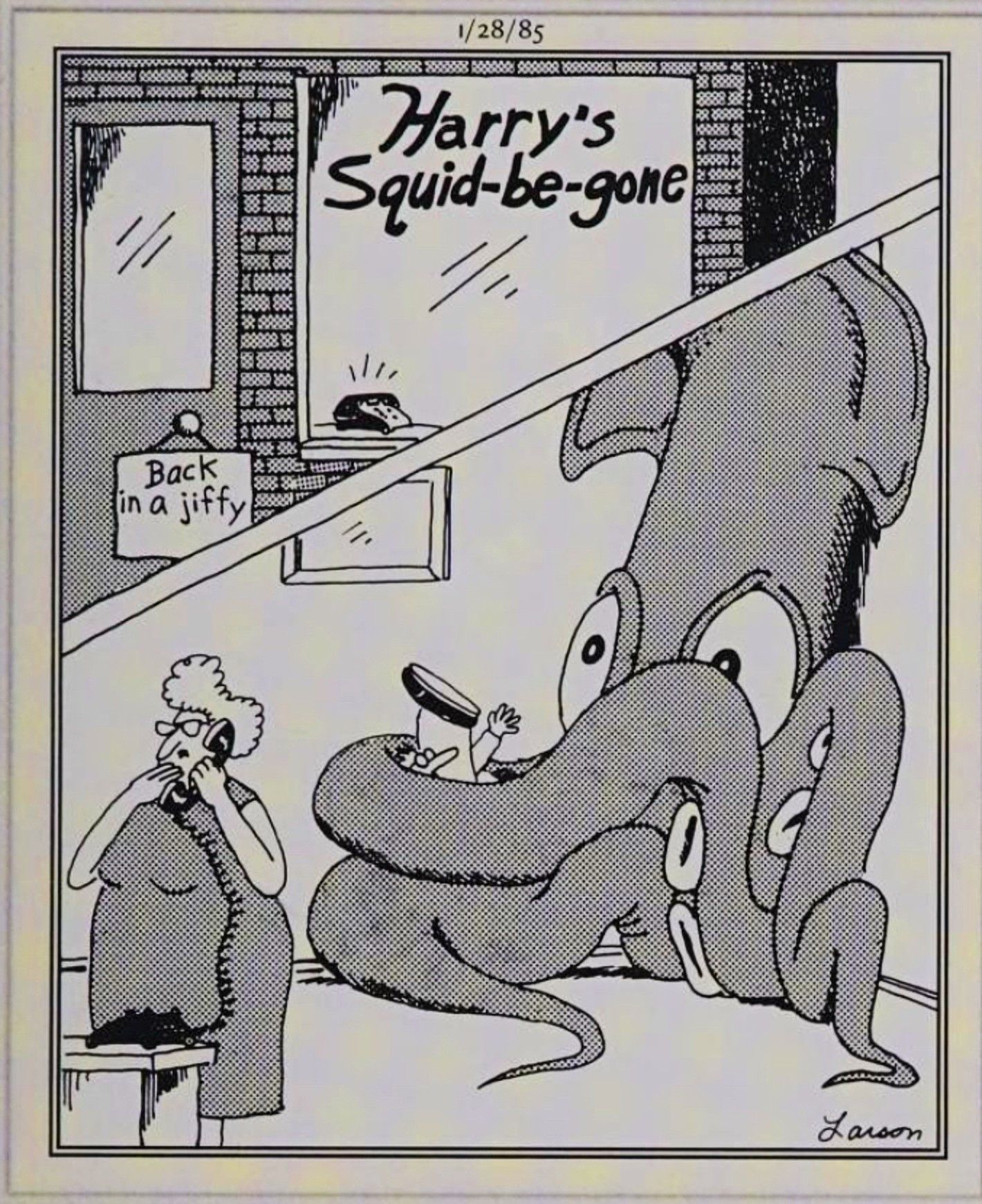 Far Side, January 28, 1985, a woman calls 'Harry's Squid-Bene'