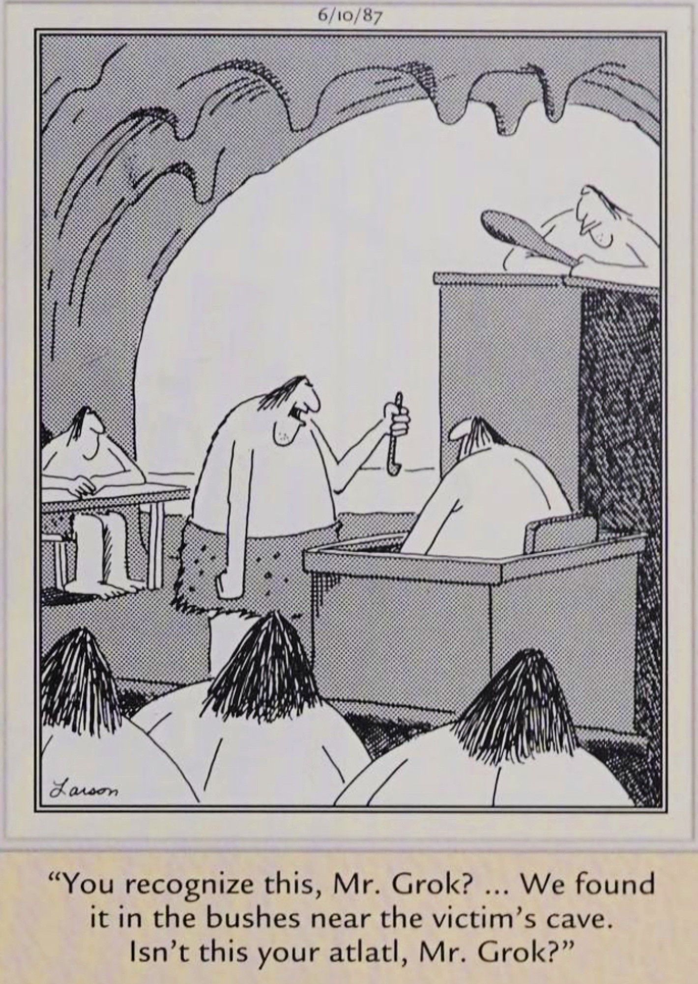 Far Side, June 10, 1987, depicting a prehistoric court room scene