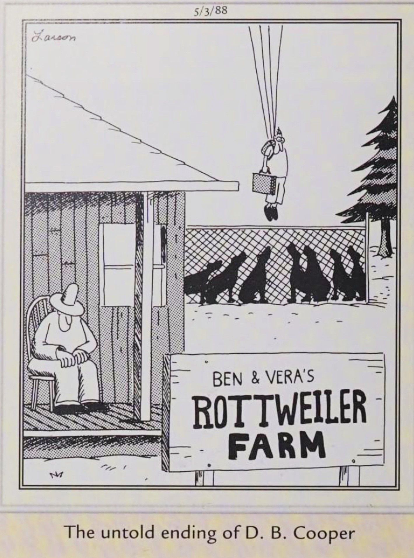 Far Side, May 3, 1988, captioned 'the untold ending of DB Cooper'