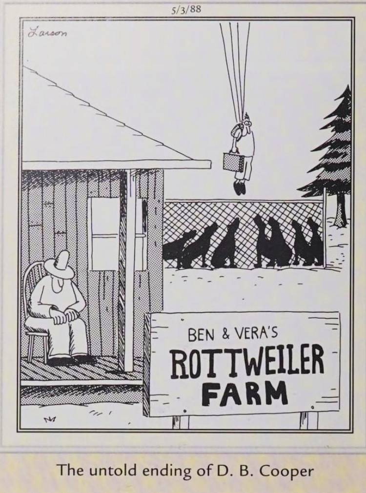 Far Side, May 3, 1988, captioned 'the untold ending of DB Cooper'