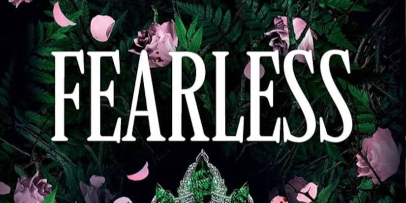 The cover of Fearless by Lauren Roberts featuring white title text, green leaves, and pink flowers