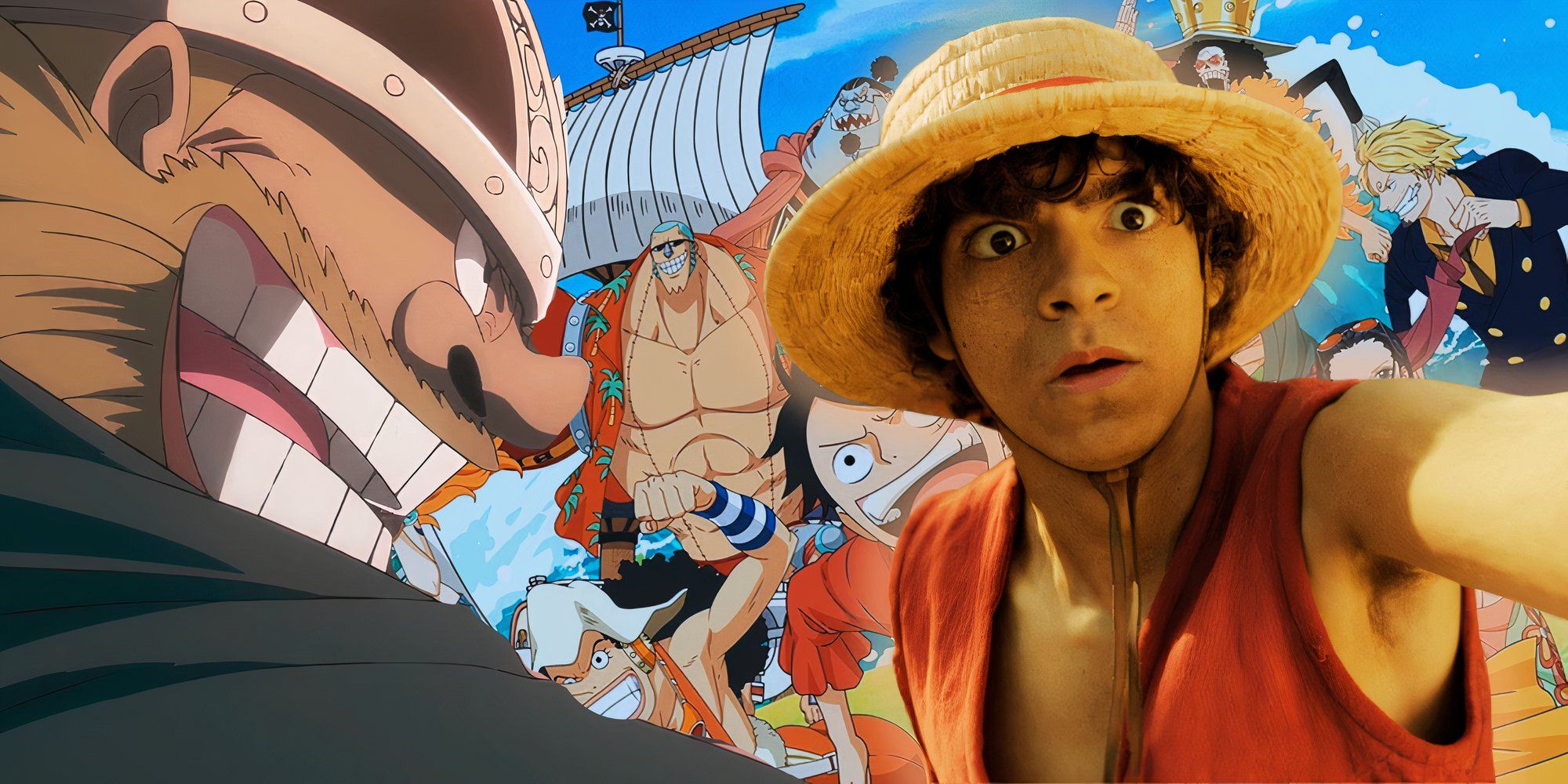 Feature header with Brogy, Straw Hats from One Piece anime and live-action Luffy