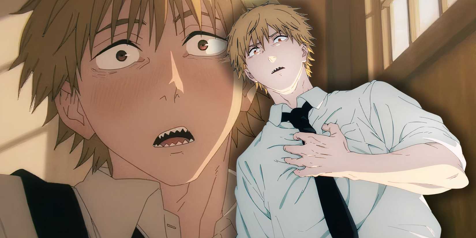 Feature header with Denji shy in the bg and with a hand on his chest in front.