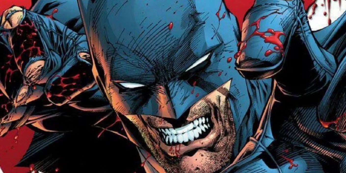 Close up of Batman bloody while punching