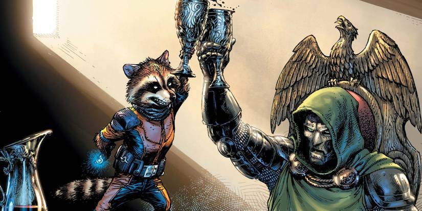 Doctor Doom and Rocket Raccoon toast to one another in celebration