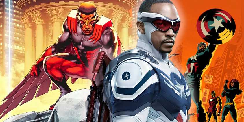 Sam Wilson from Captain America: Brave New World in front of the Falcon and Steve Rogers