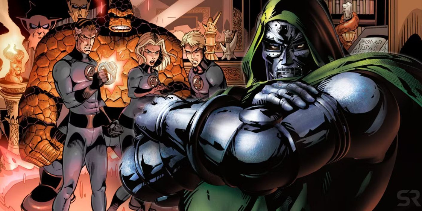 Doctor Doom crossing his arms in front of the fantastic quartet.