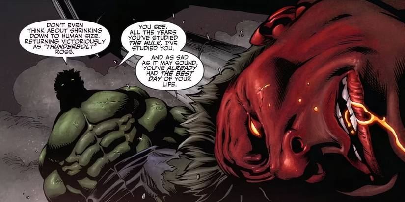 Hulk menacingly standing over the Red Hulk