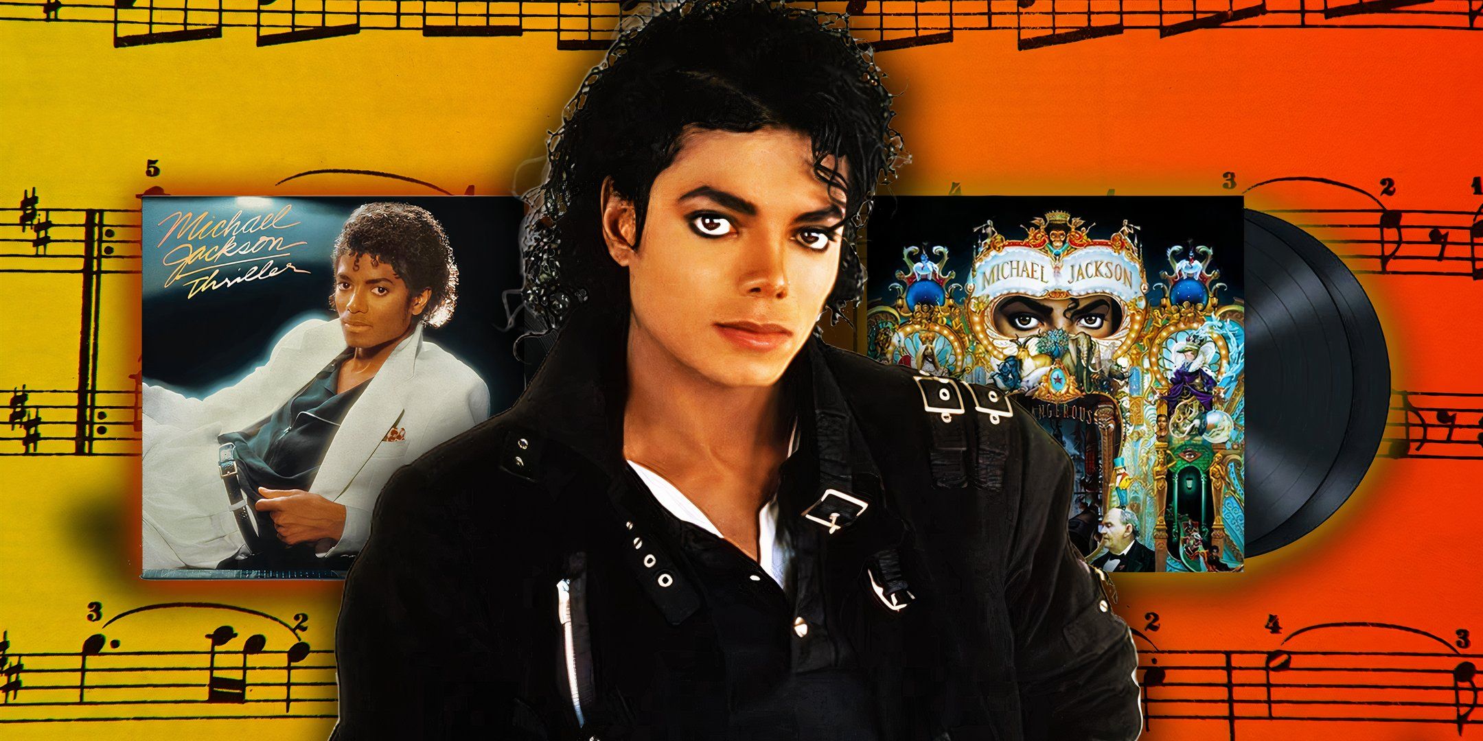 Michael Jackson poses for the Bad album photoshoot, edited over the Thriller and Dangerous vinyls and music note imagery.