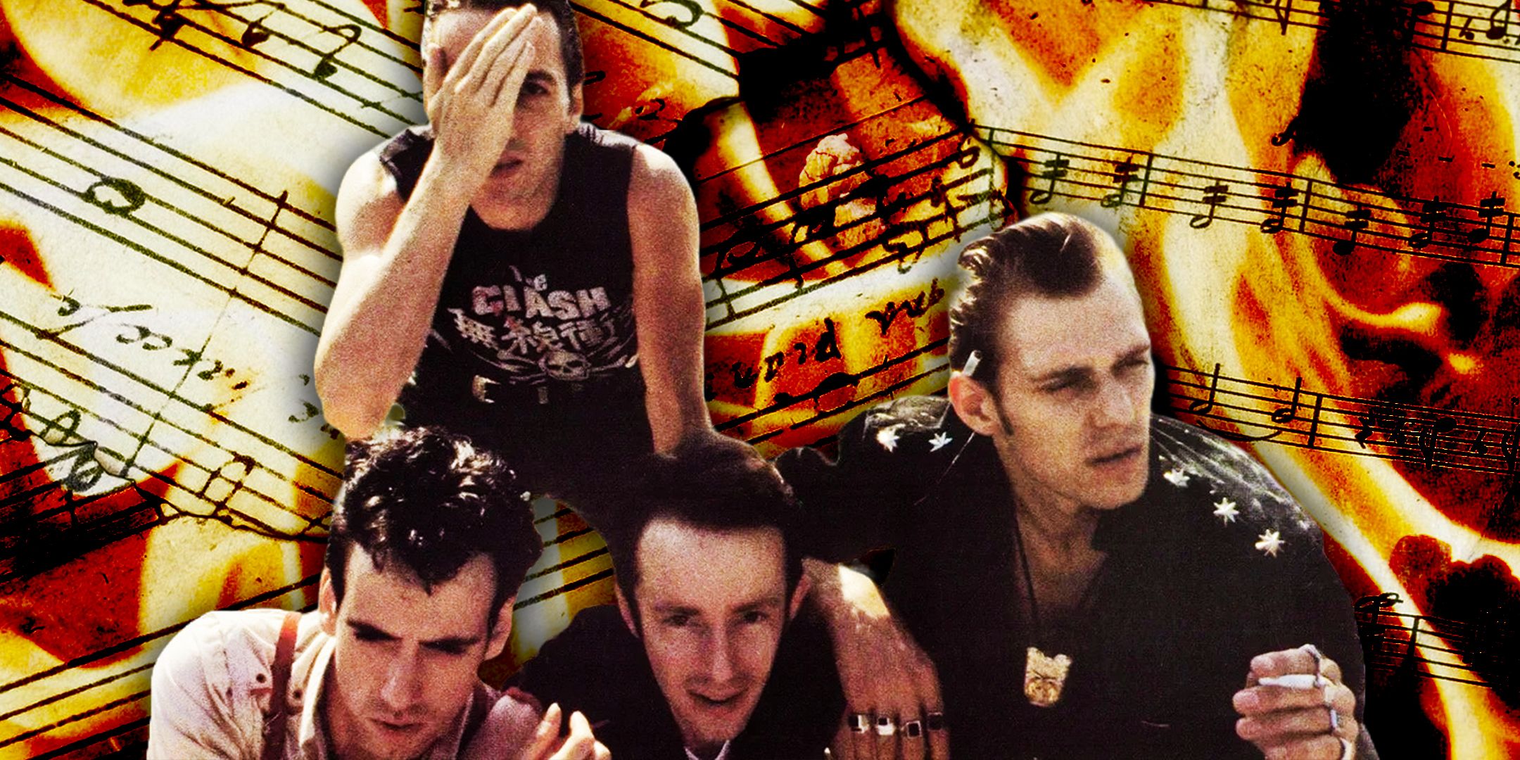 The Clash on the cover of their 1982 album, edited over music sheets with a fire overlay.