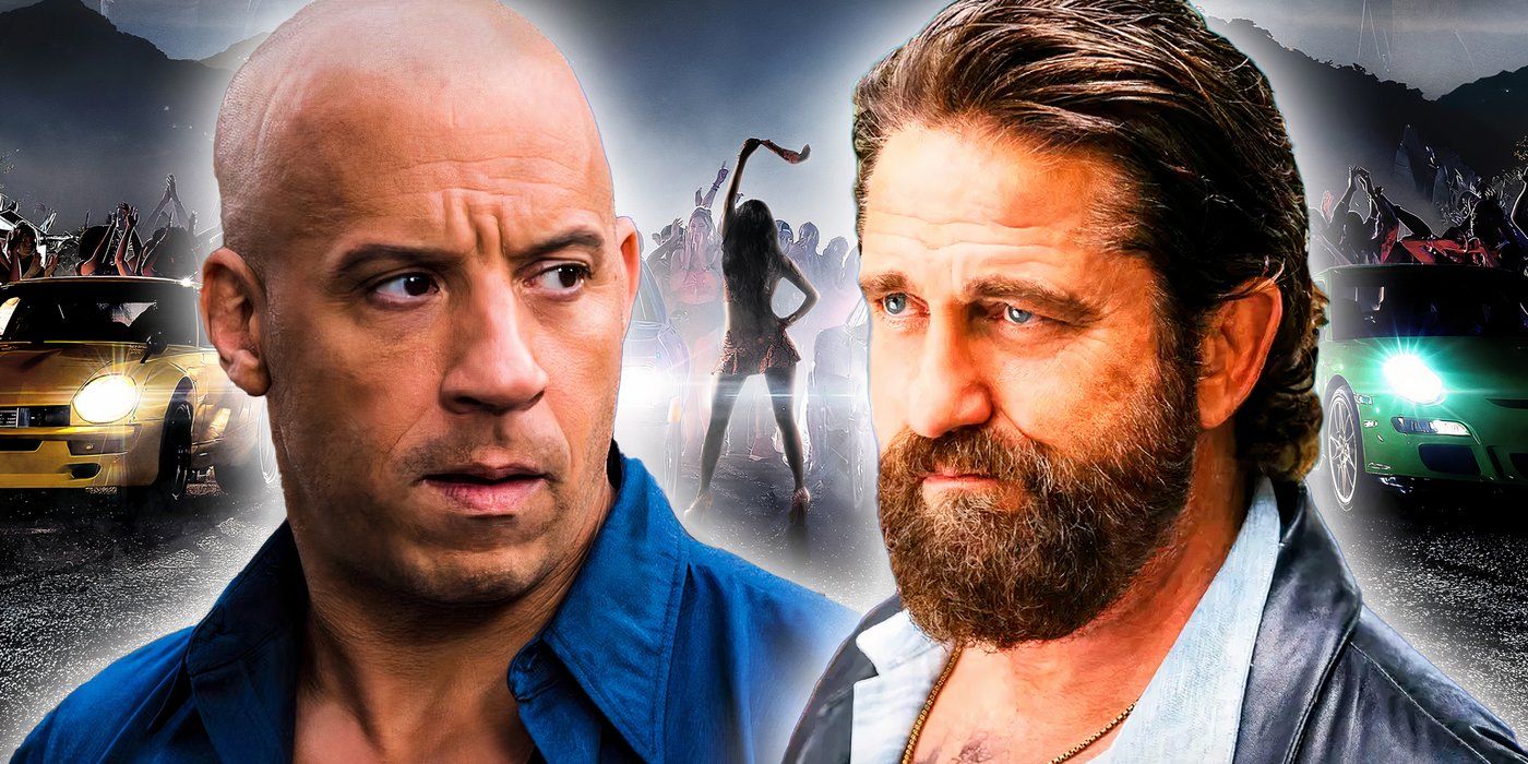 An edited image of Vin Diesel in the Fast & Furious franchise and Gerard Butler in Den of Thieves with wallpaper for Fast X in the background.