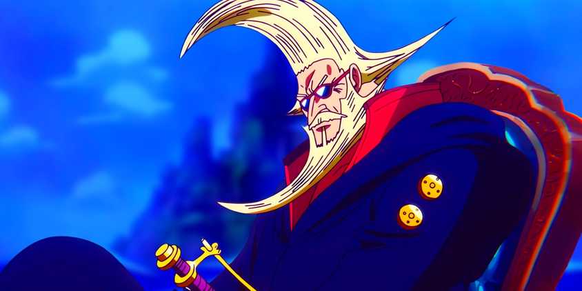 Figarland sitting in his throne. Behind him, the silhouette of the God Valley Island can be seen.