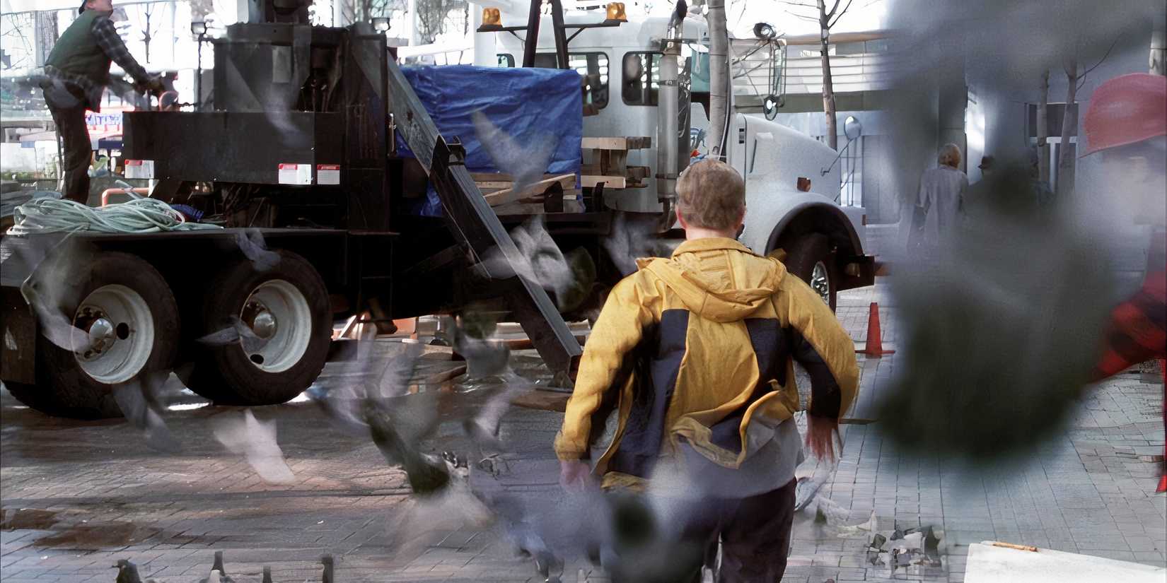 Final Destination 2 Tim running toward the pigeons