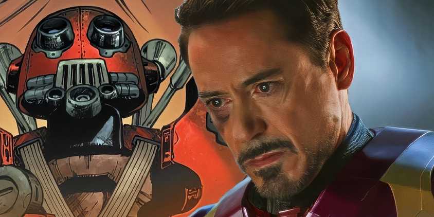 MCU's Tony Stark with the 'first' Iron Man armor behind him.